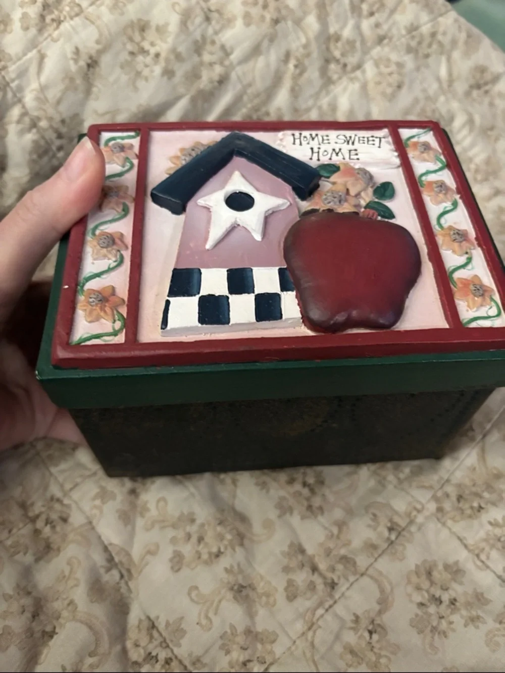 Decorative Metal Green and Red Home Sweet Home Kitchen Recipe Storage Box
